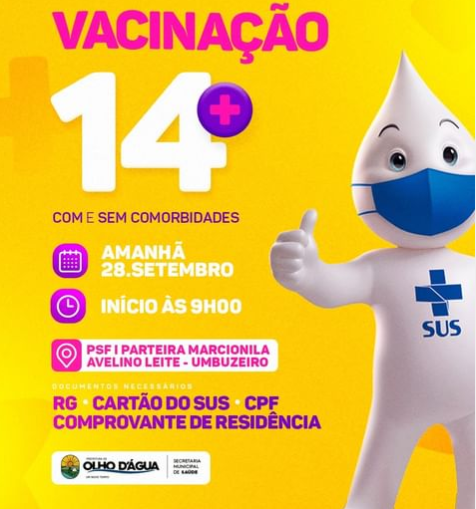 Imagem da notícia 161 - A nova fase da etapa de vacinação no município de Olho D'água terá como grupo prioritário pessoas com idade a partir dos 14 anos